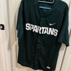 Nike Dark Green and White Spartans Baseball Jersey